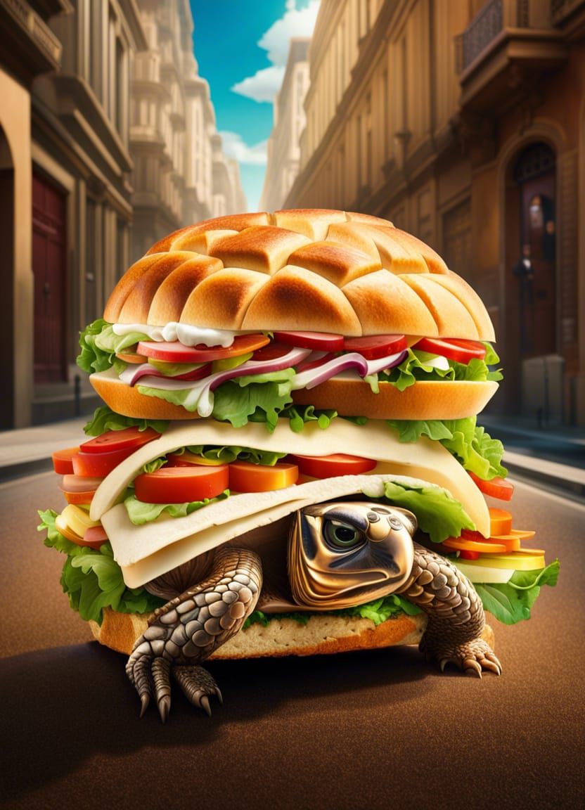 Surreal Sandwich Tortoise Walking: Detailed Food Art