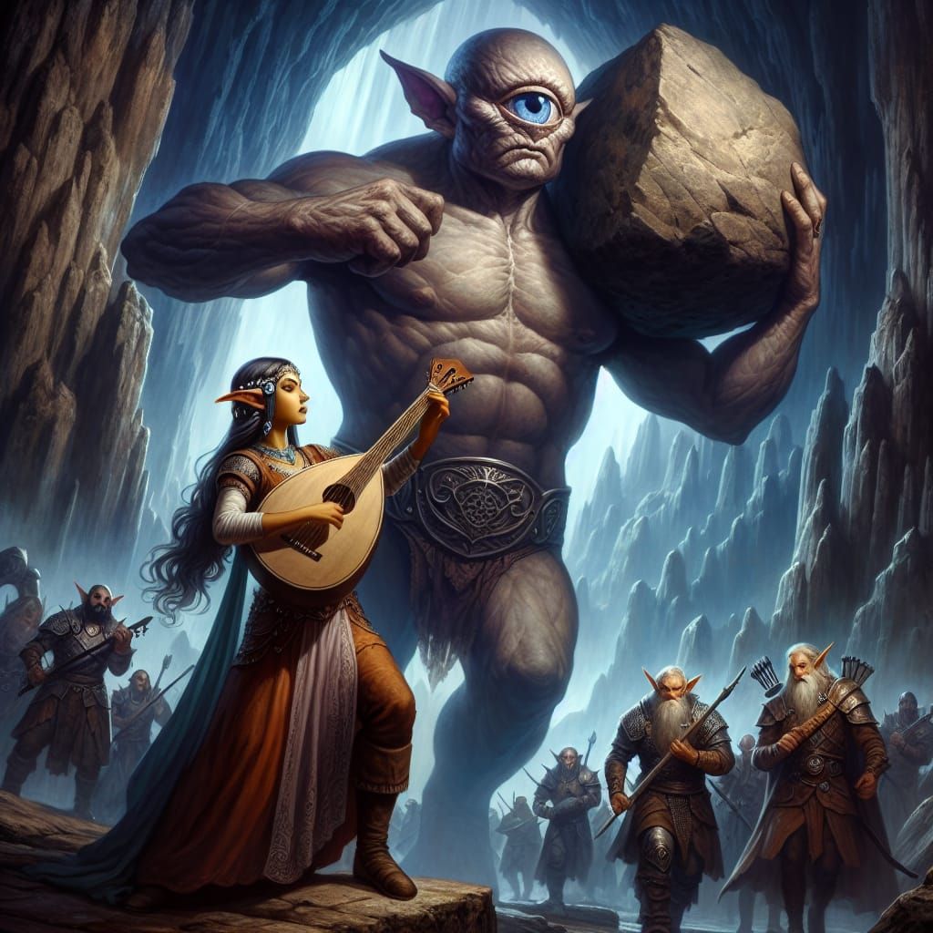 Cyclops About to Throw Boulder in Cavern