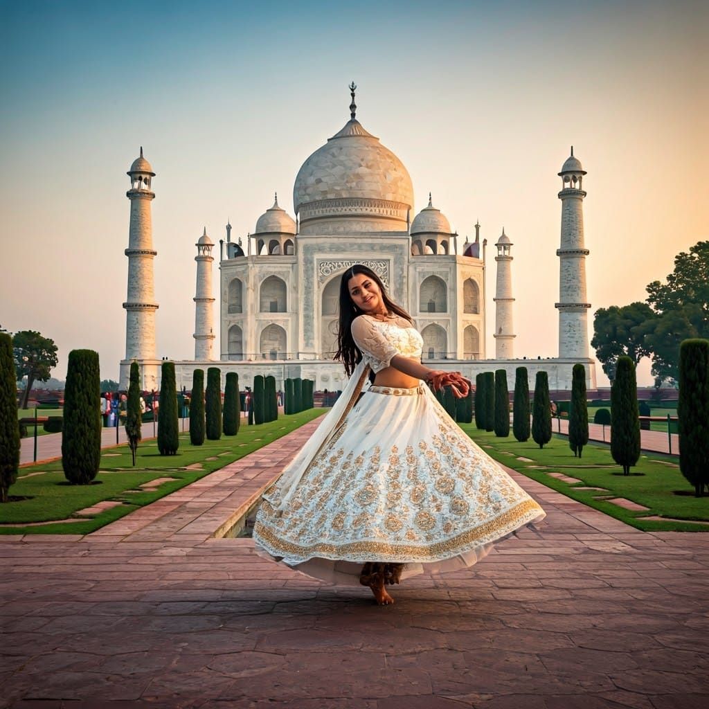 Indian Princess Dances in Front of the Taj Mahal at Sunset