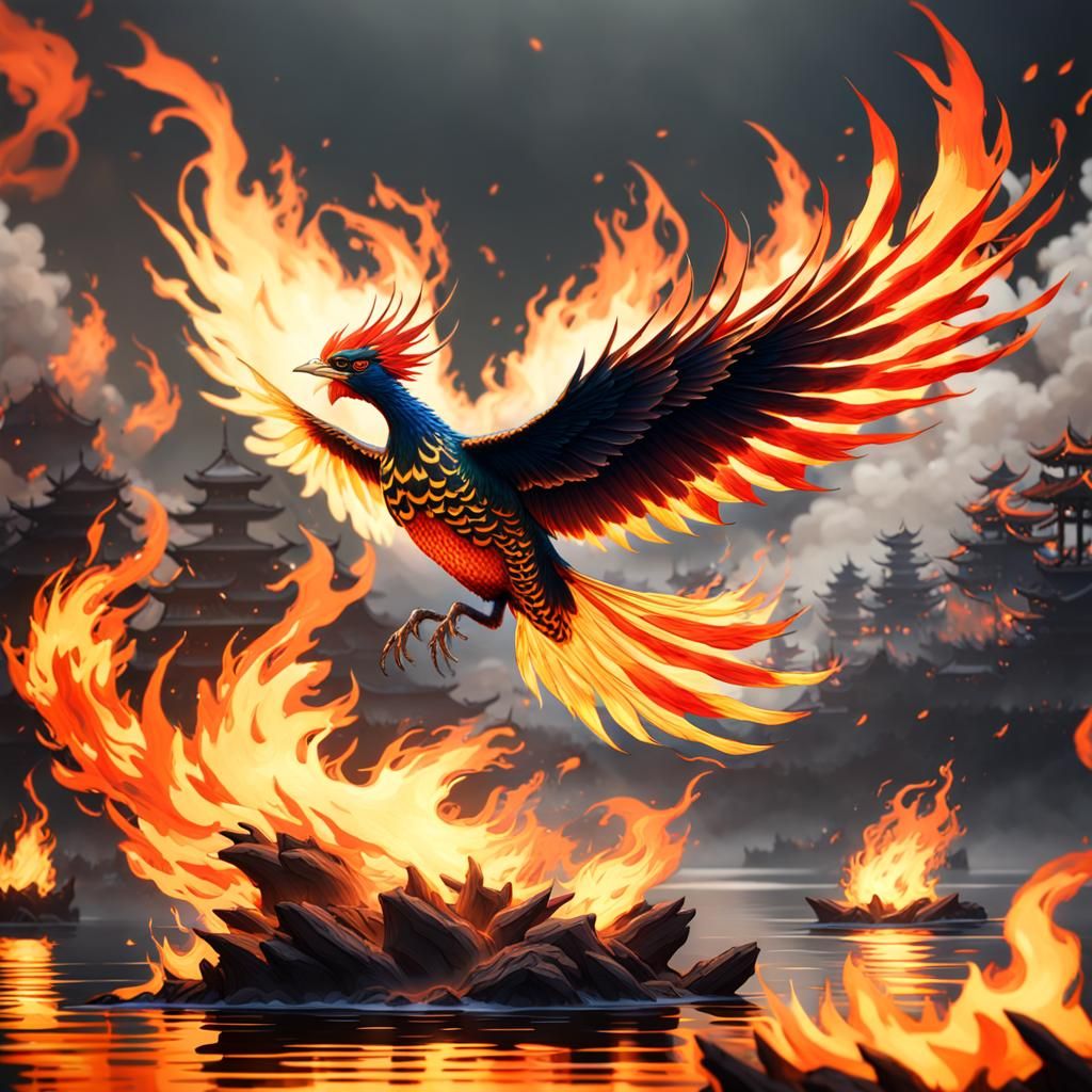 Fiery Phoenix Soars Over Lake: Japanese Ink Painting