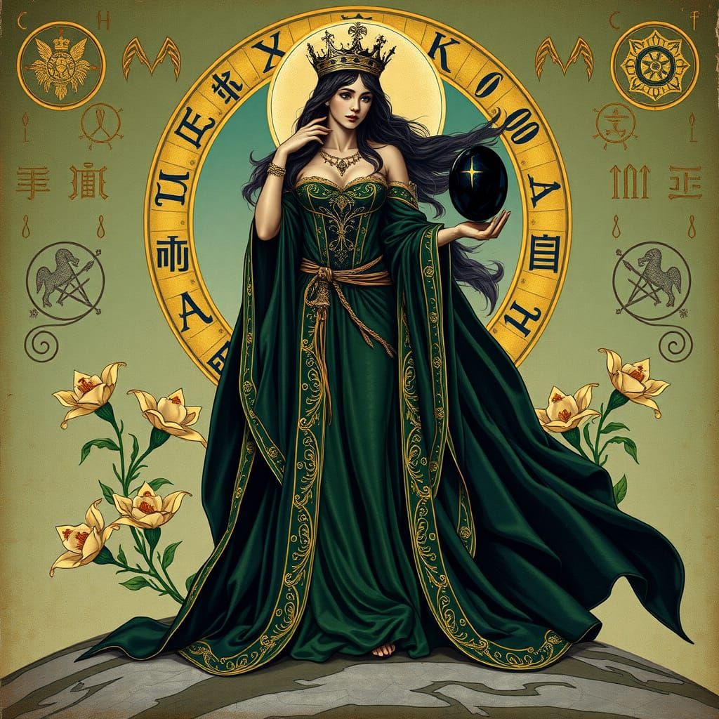 Medieval Queen on Flat Earth in Gravure Style