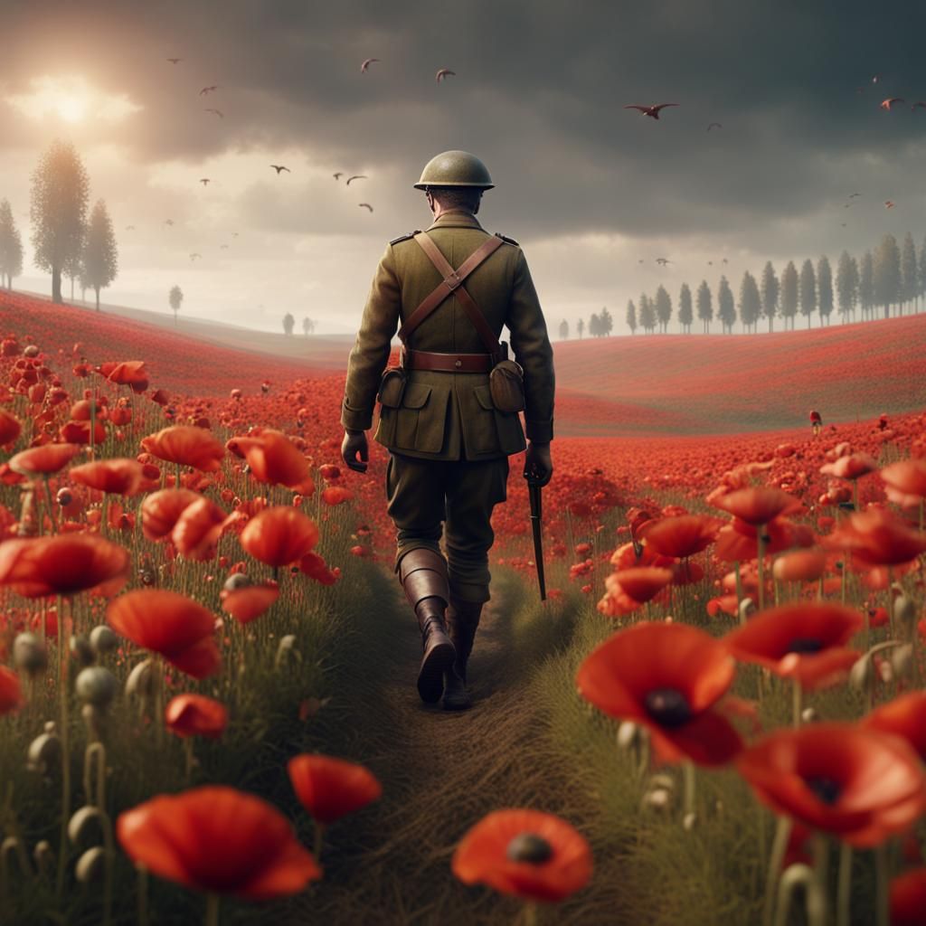 WWI Soldier in Poppy Field: Detailed Matte Painting