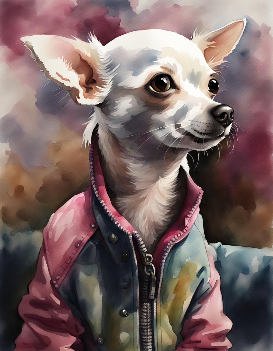 Watercolor Chihuahua in Pink Jacket Portrait