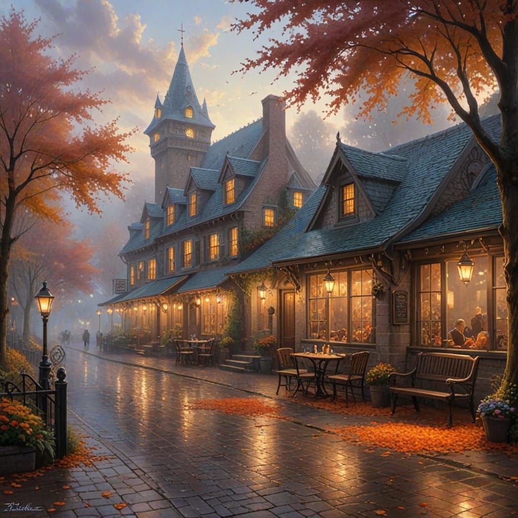 Romantic Autumn Cafe Scene in Hyperdetailed Style
