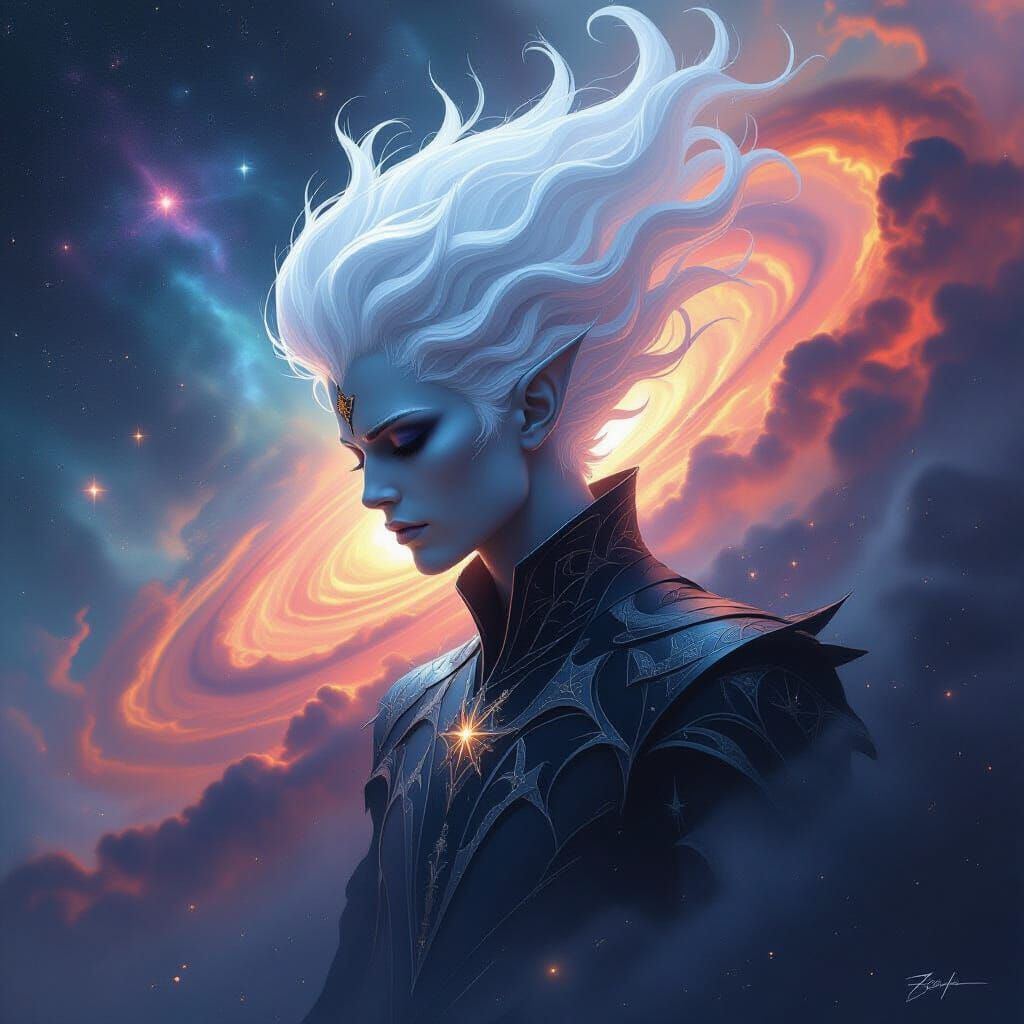 A celestial being with gravity-defying, platinum-white hair ...