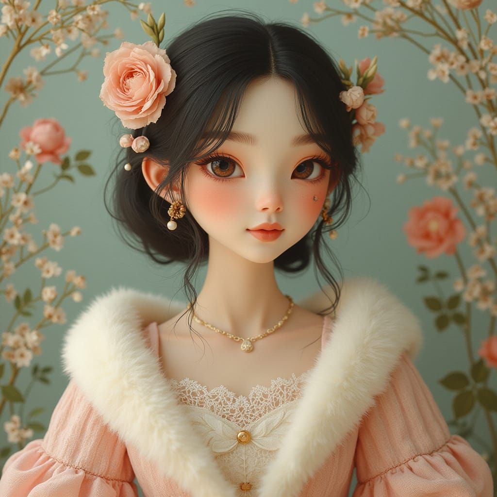 Elegant Woman in Lace with Pastel Treasures