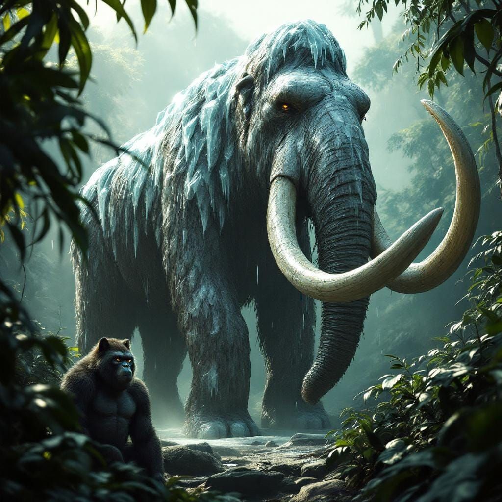 Mammoth Awakens in Rainforest Watched by Hybrid
