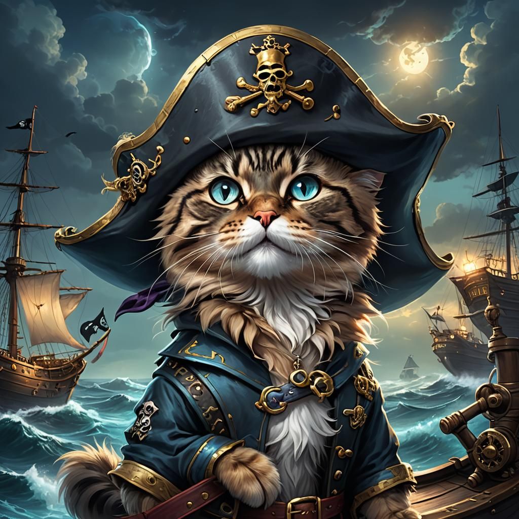 Bioluminescent Ethereal AI Art: Pirate Cat Captain