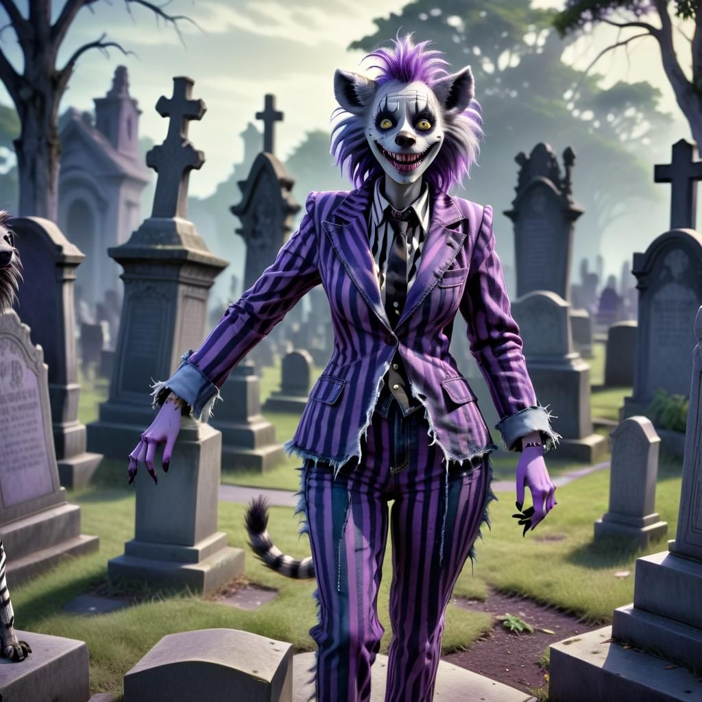 Furry She-Hyena in Striped Suit, Tim Burton Style