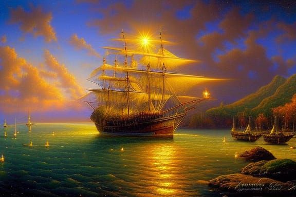 Beautiful Pirate Ship On Mystical Sea:: intricate, mystical, magical, beautiful, at sunset, perfect composition -etc  10...