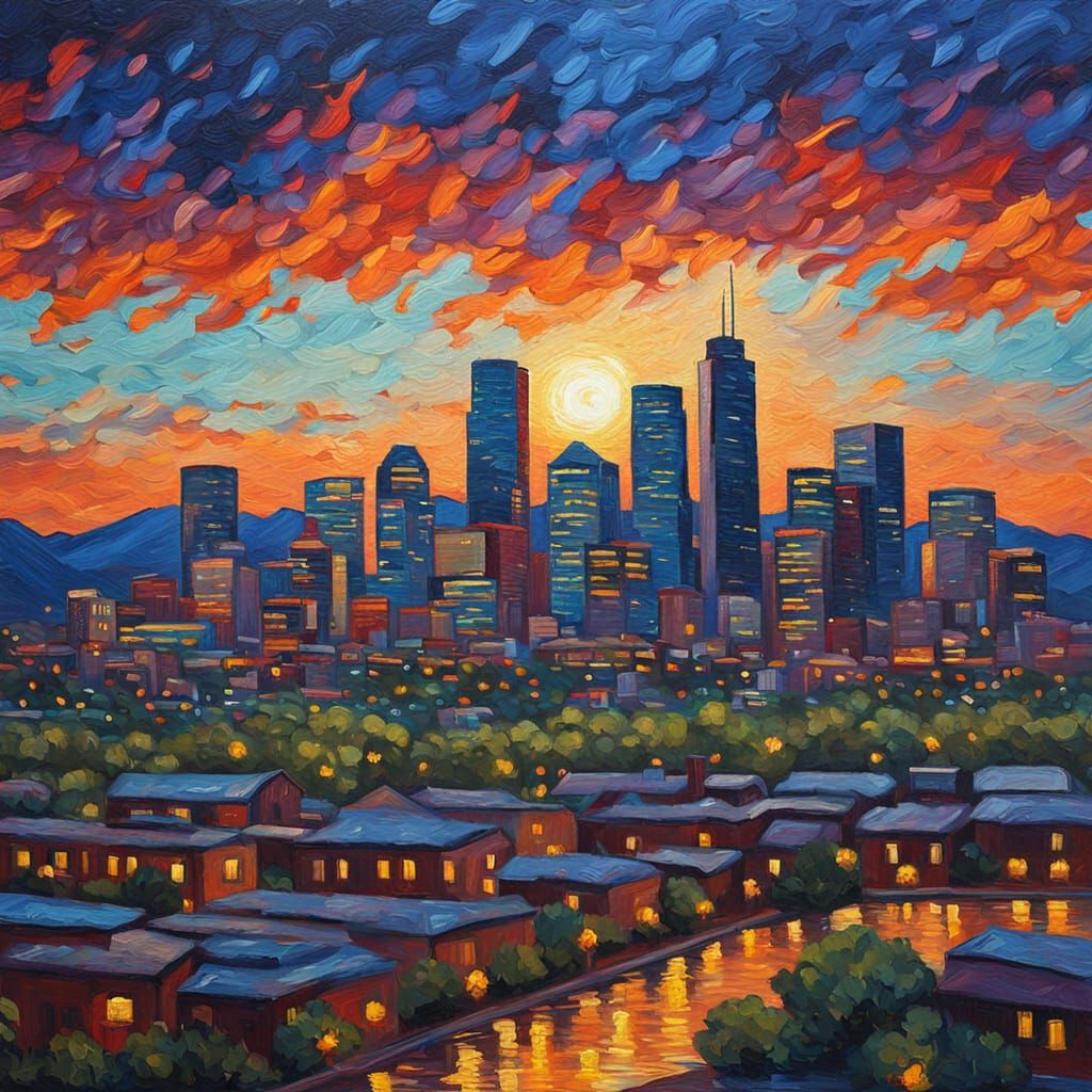Denver Skyline at Dusk Neo-Impressionist Oil Painting