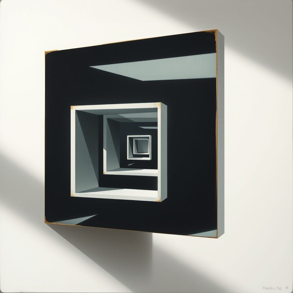 Surrealist Masterpiece with Floating Squares in Gold and Bla...