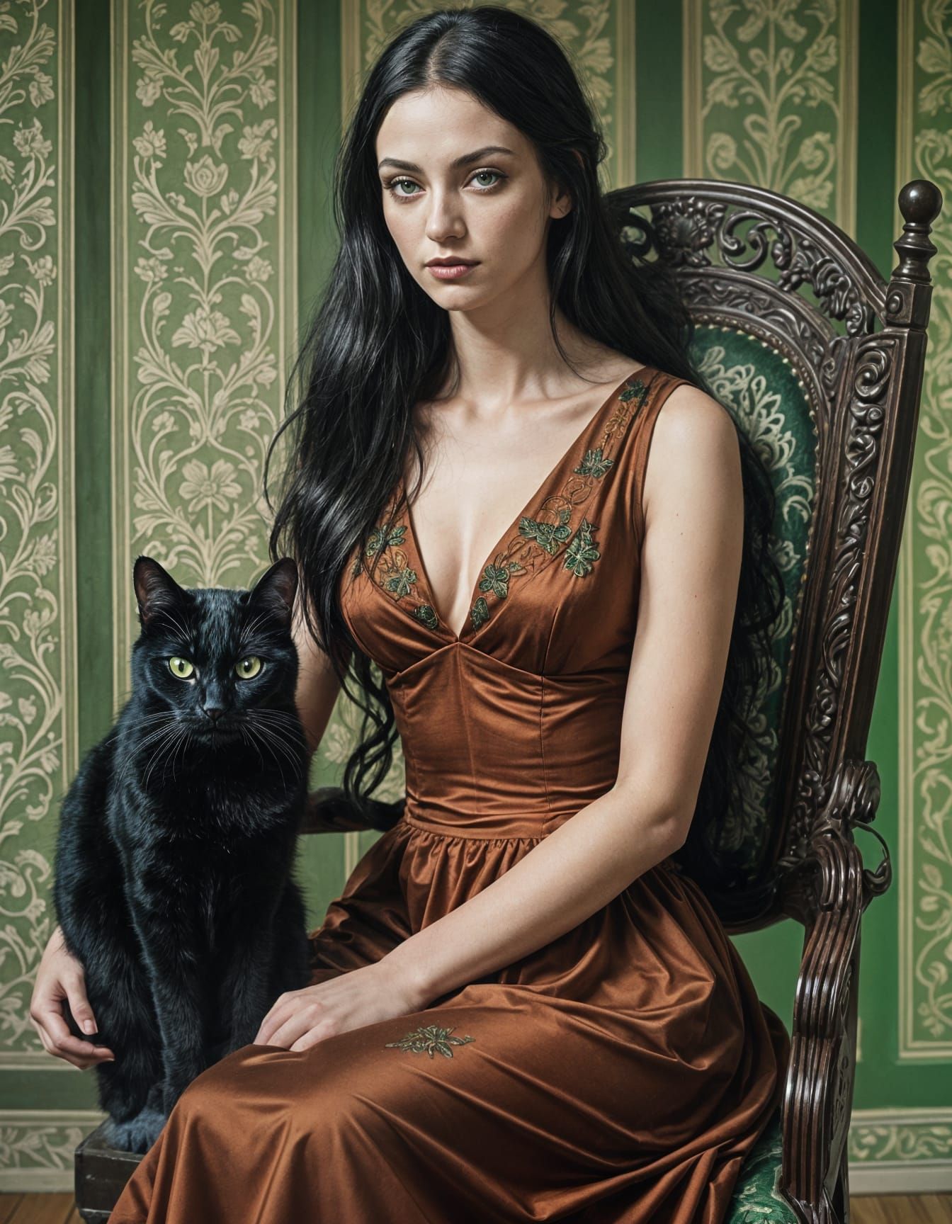 Striking Woman with Green Eyes and Black Cat