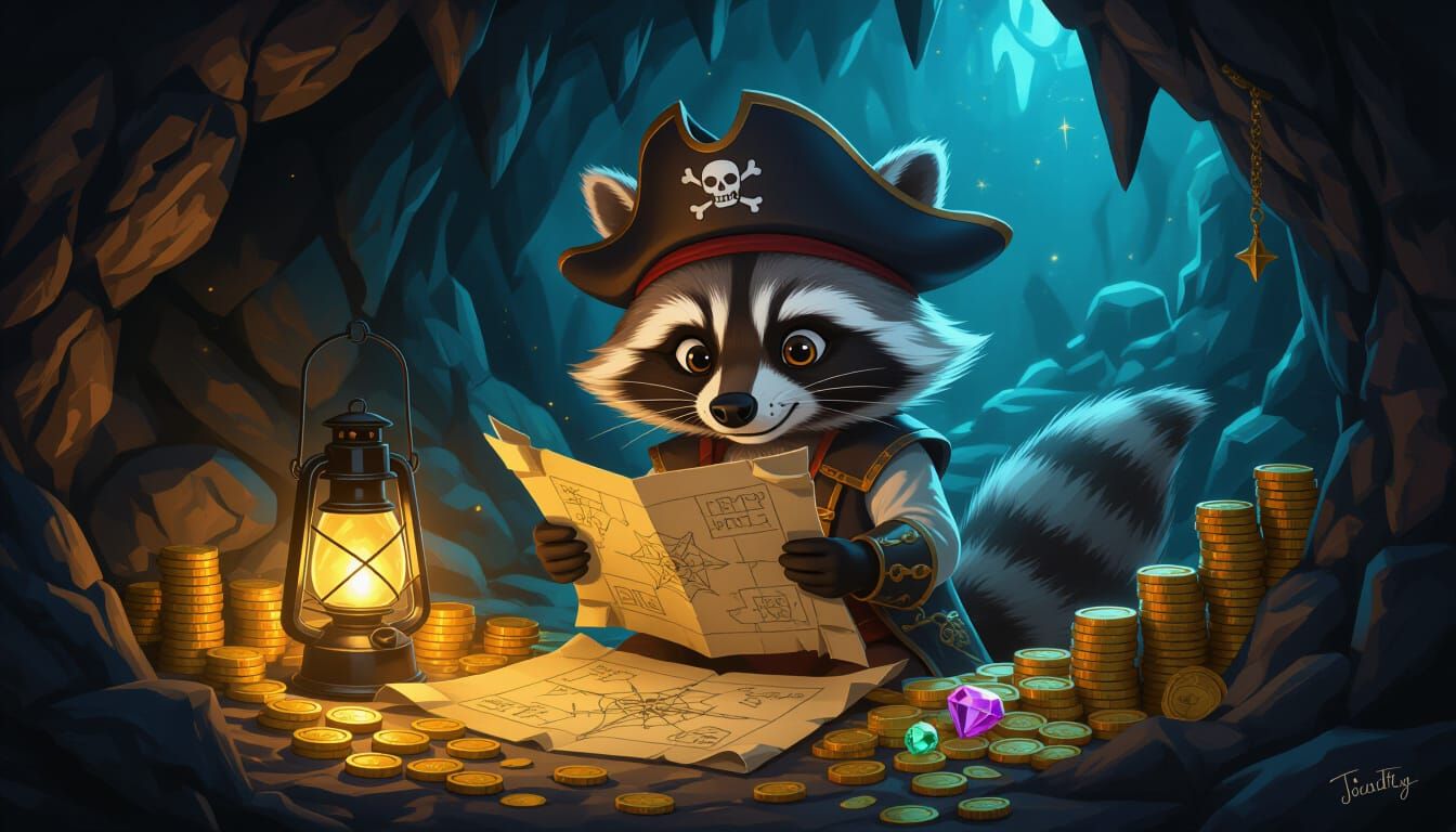 Pirate Raccoon and Treasure Map in Fantasy Illustration Styl...