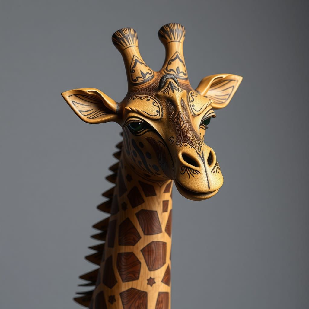 Intricate Wood Carved Giraffe Folk Art