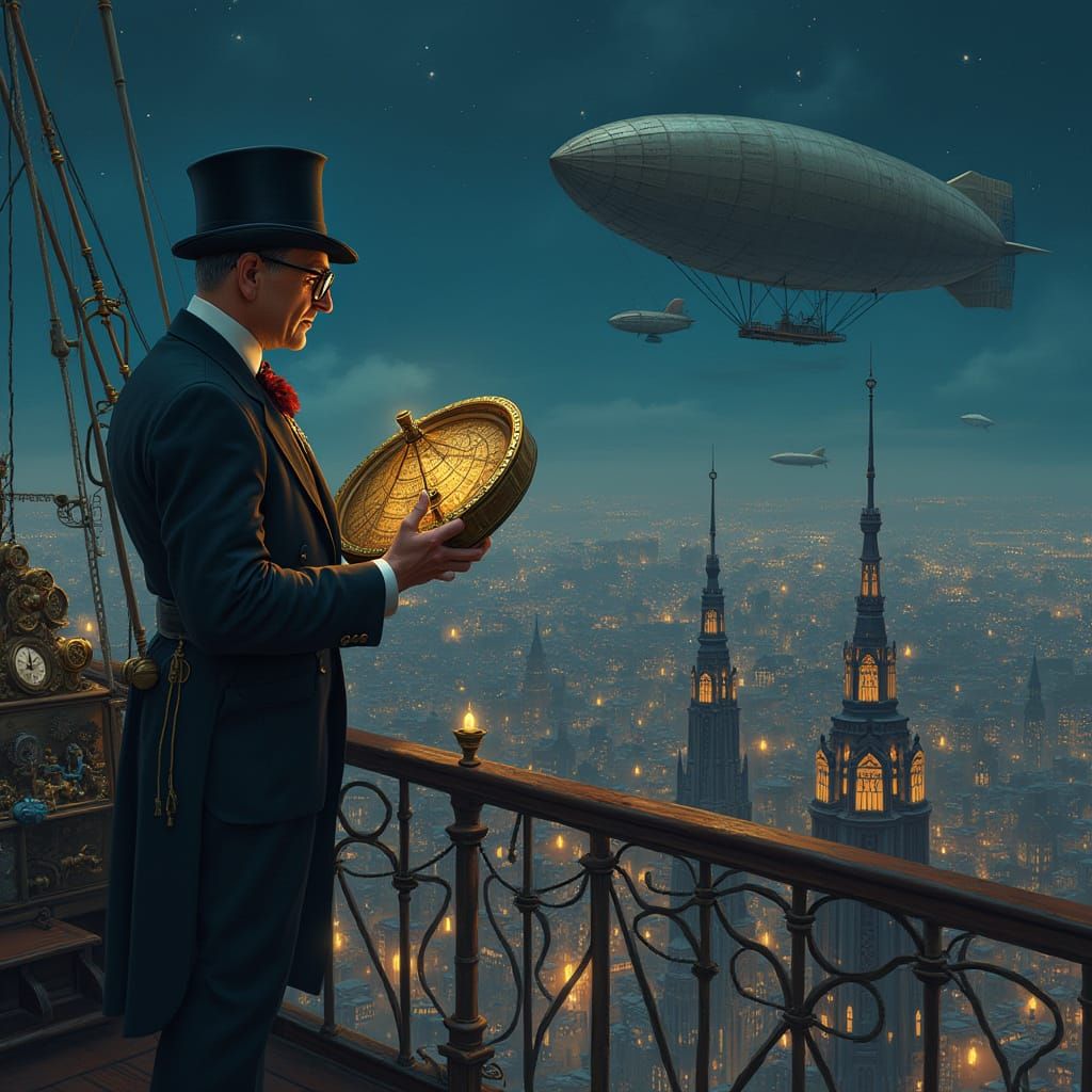 Steampunk Gentleman on Dirigible Deck with Astrolabe