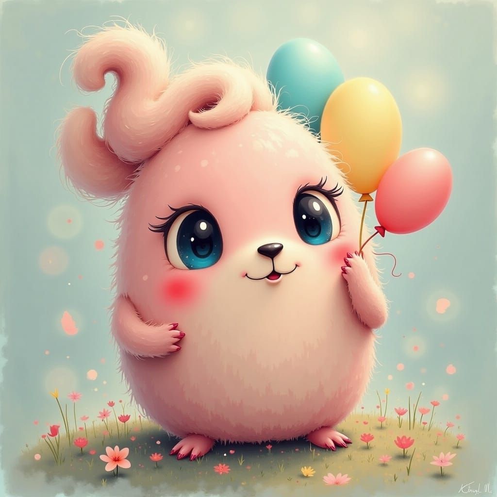 Whimsical Pink Creature Lalabubu in Fantasy Setting