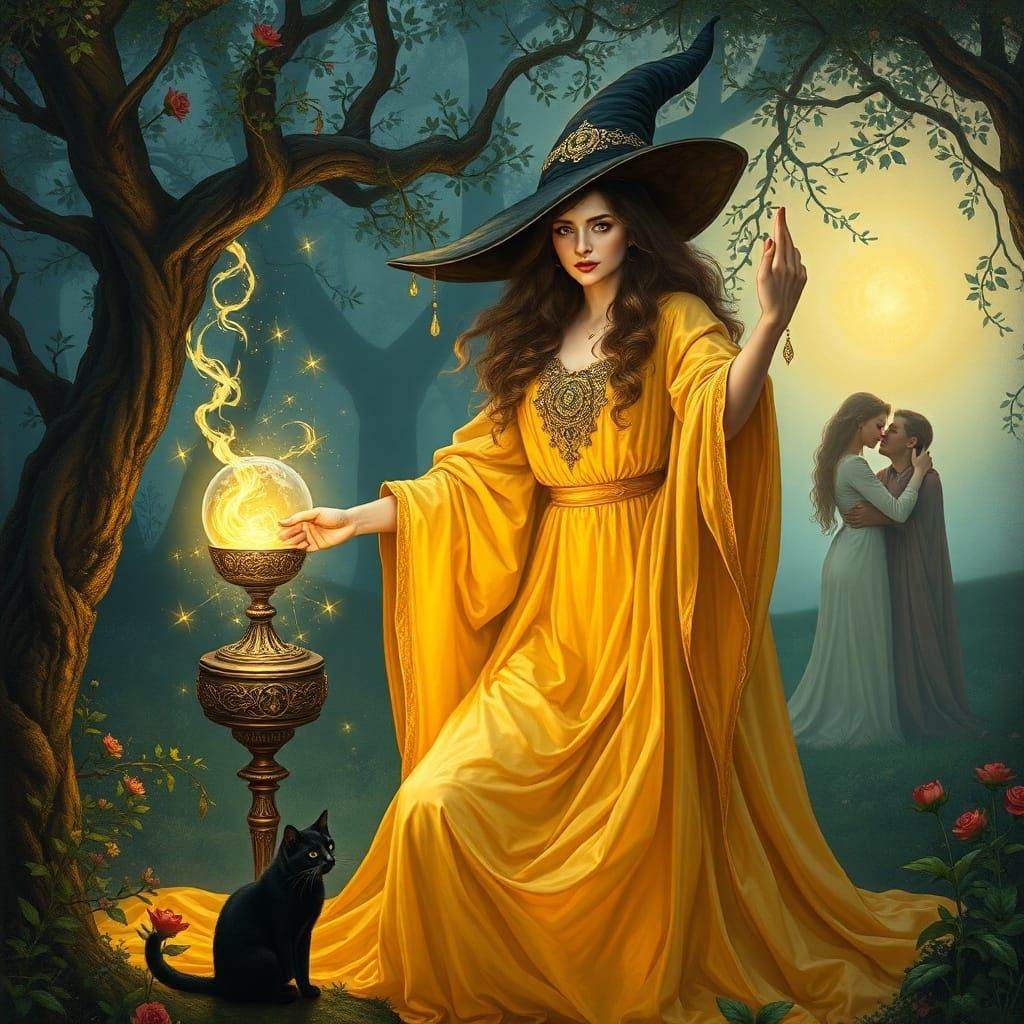 Enlightened Witch Pours Potion in Medieval Romanticist Scene