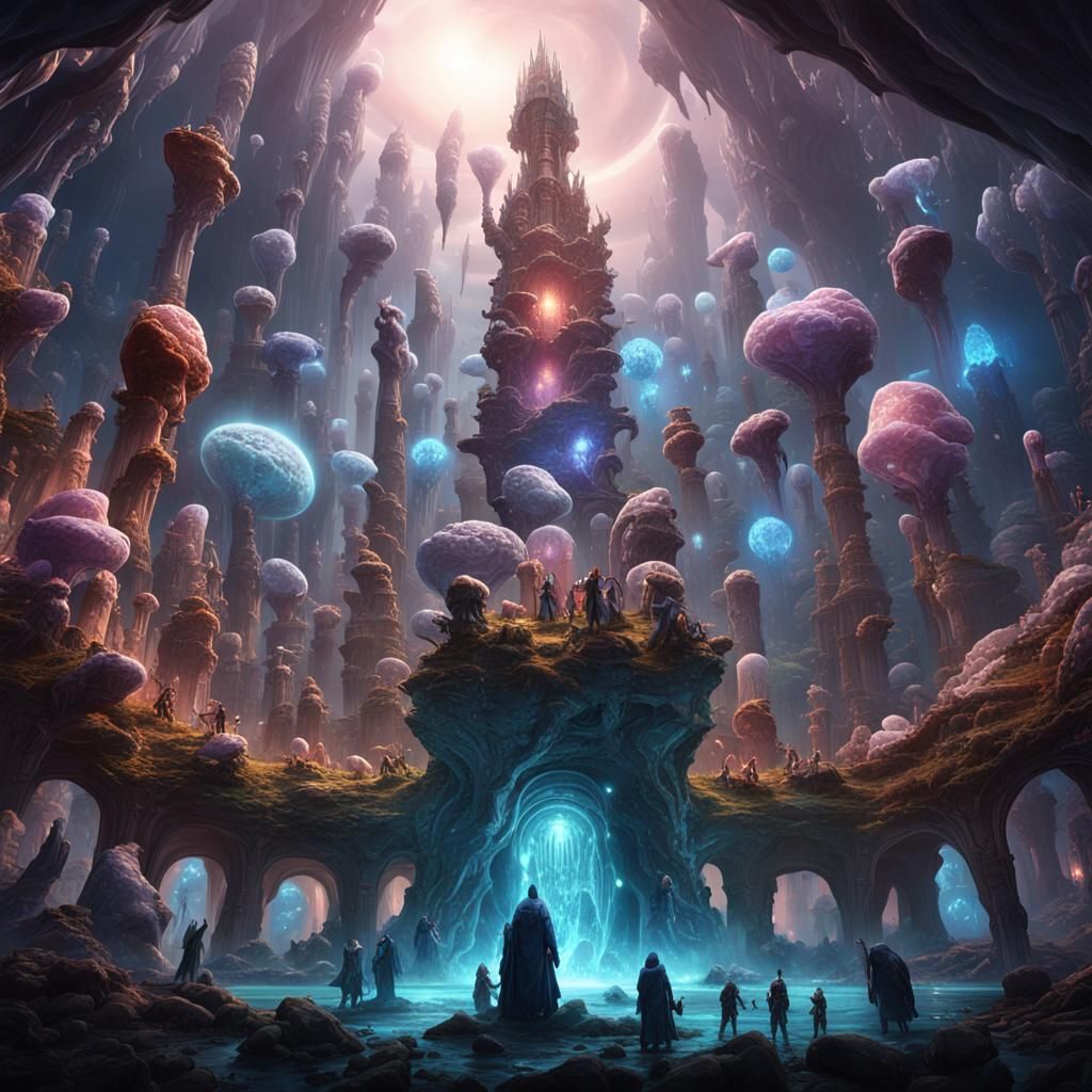 Humanoids Circling a Crystal Radiating Energy