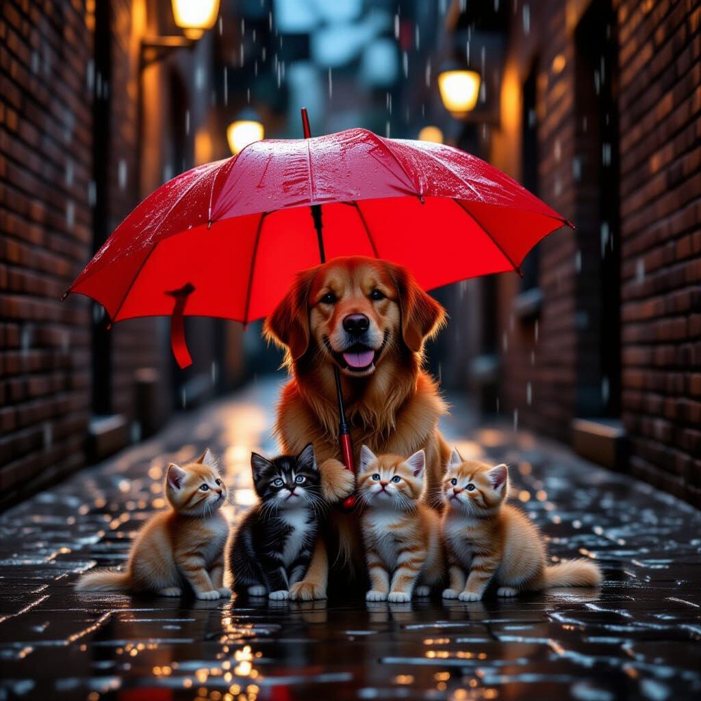 Golden Retriever Shelters Kittens Under Red Umbrella
