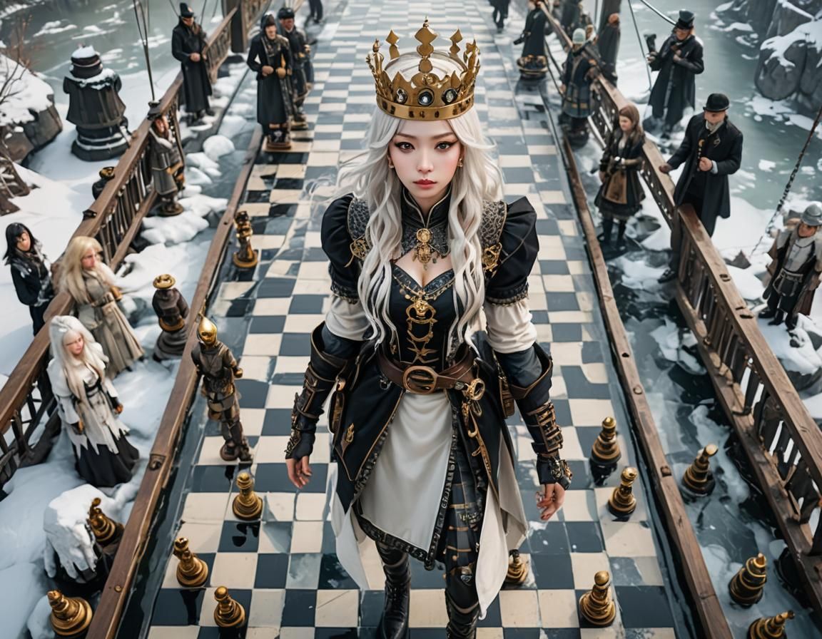 Chess Queen on Icy Steampunk Bridge
