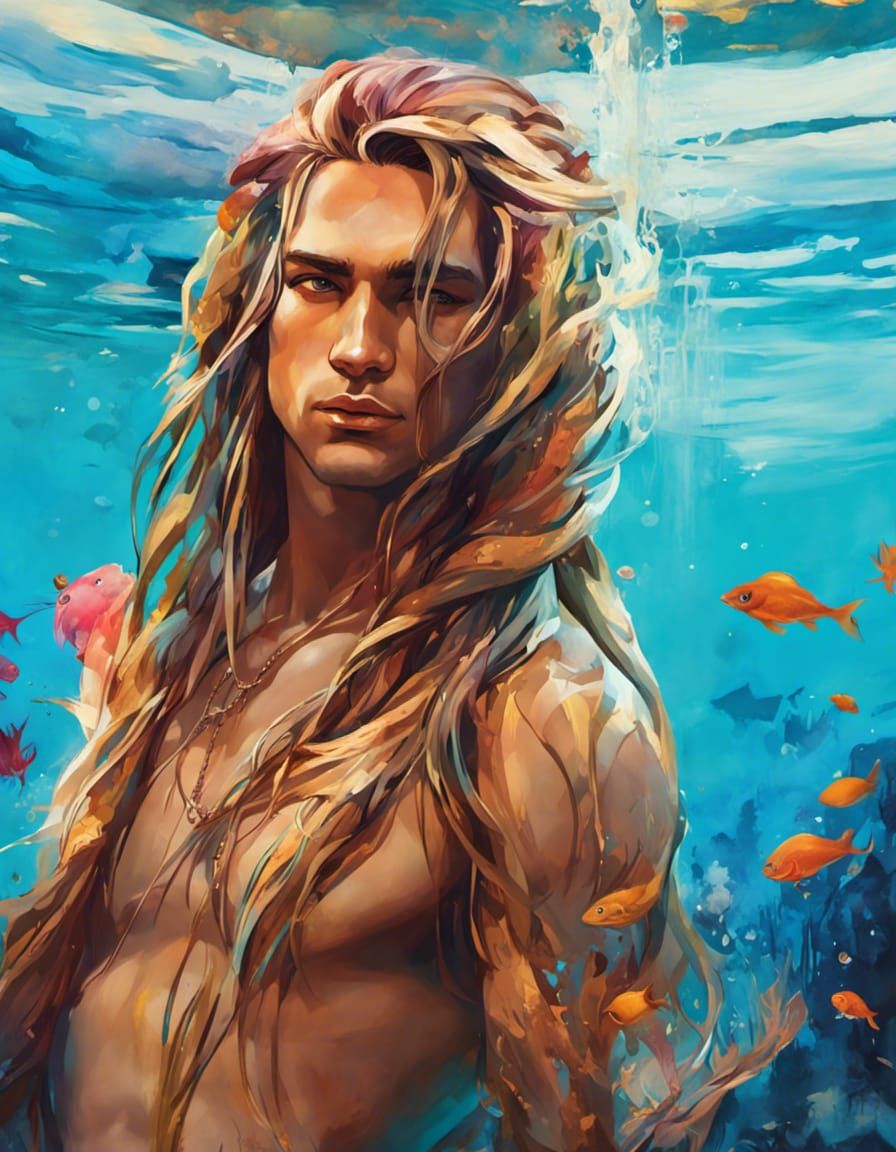 Male Mermaid Concept Art in Alphonse Mucha Style