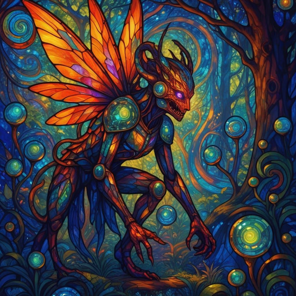 Cryptic Creature in Dazzling Stained Glass Forest