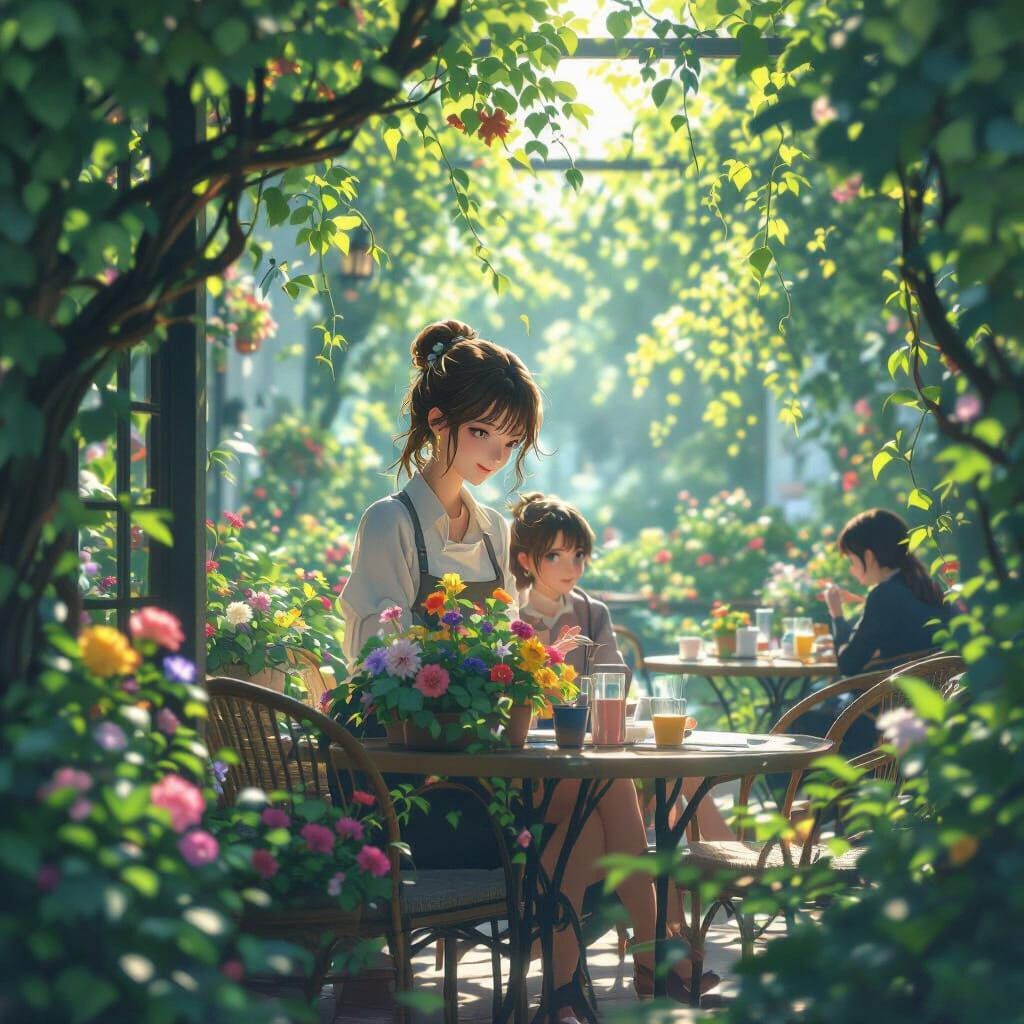 Sun-Drenched Garden Cafe in Detailed Anime Style