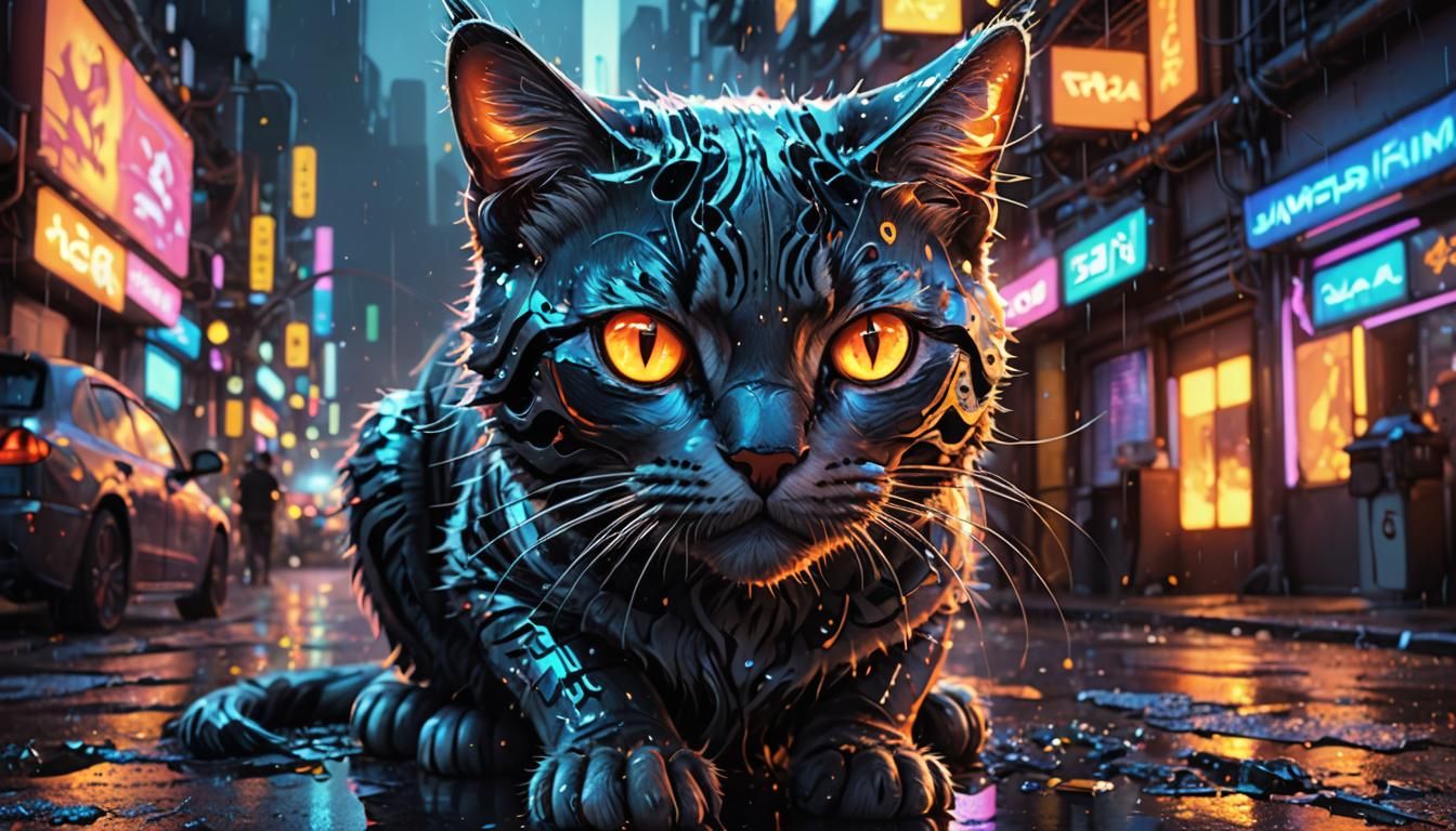 Cyberpunk Cat Unleashes Fiery Gaze in Neon Cityscape