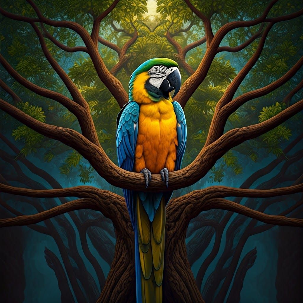 Vibrant Parrot in Surrealist Inkblot Landscape