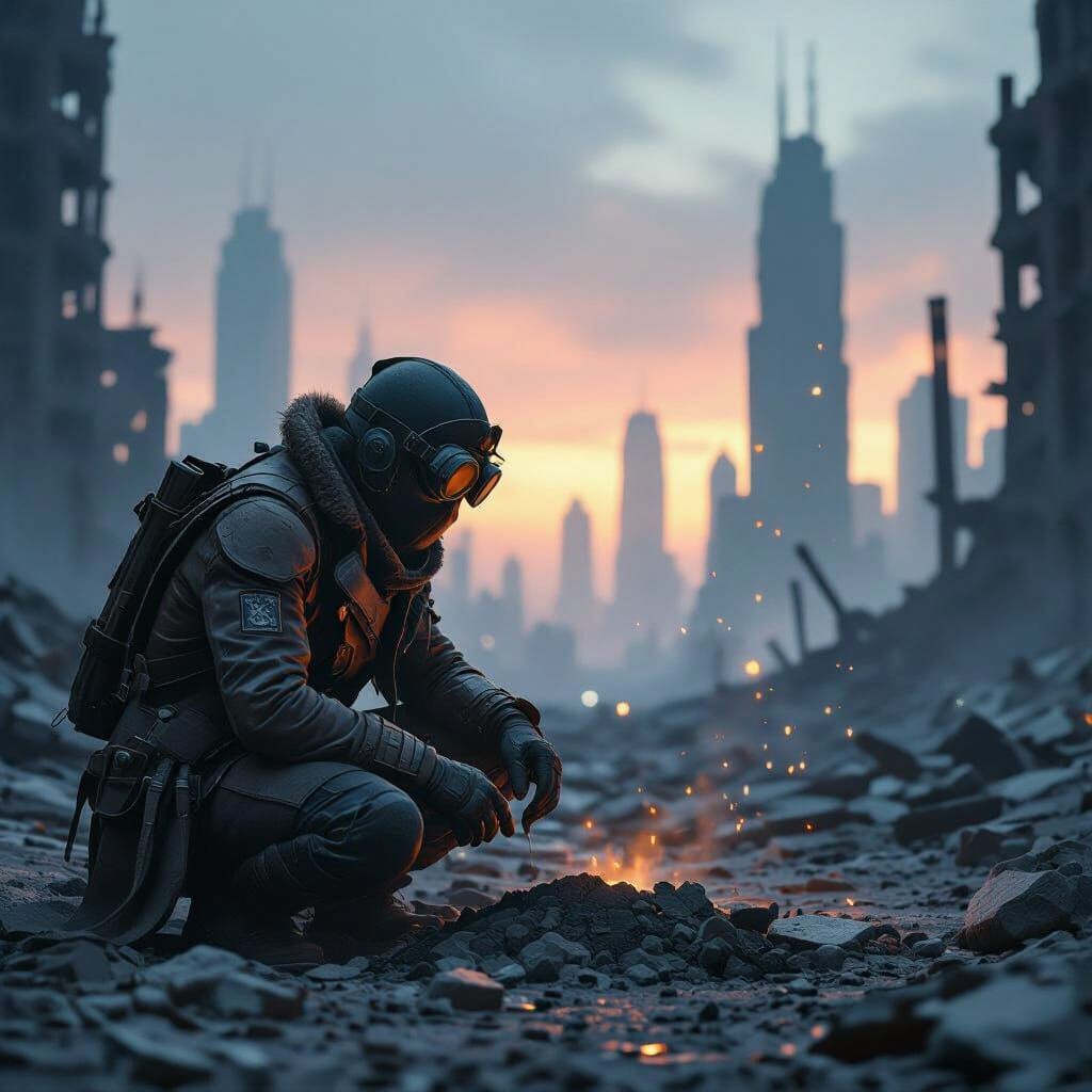 Scavenger in Ruined City Under Twilight Sky