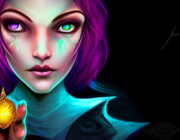 Witch Holding Glowing Soul Gem in Dark Forest