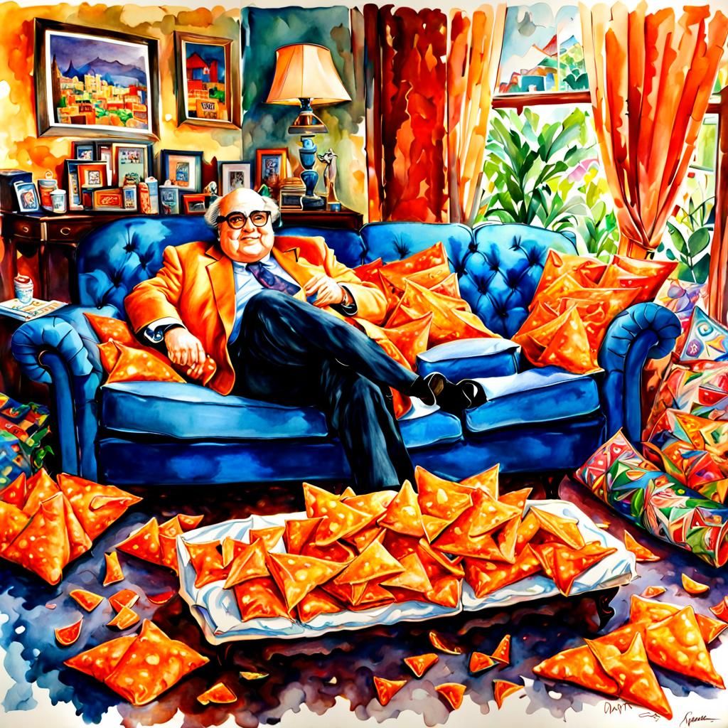 Danny Devito Lounging in Doritos-Themed Room as Watercolor
