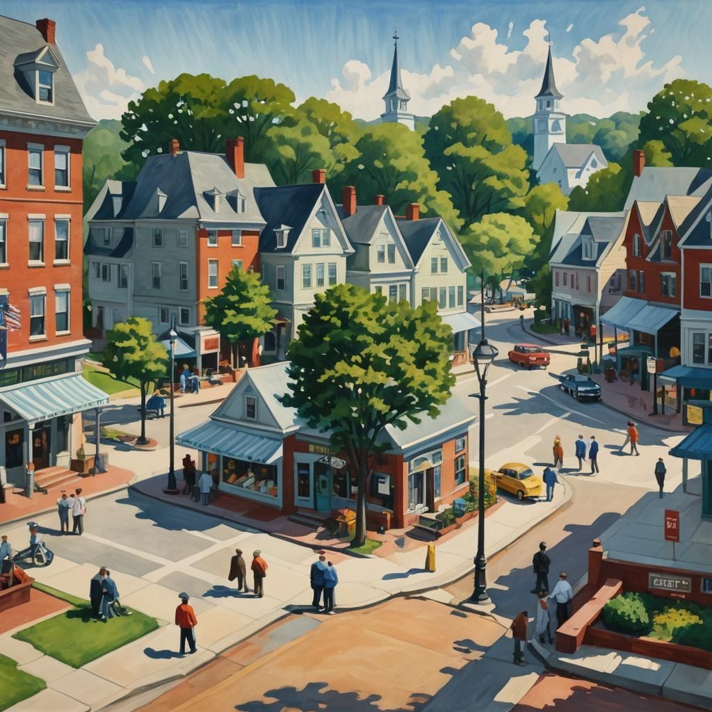 New England Town Square in Gouache Impressionism
