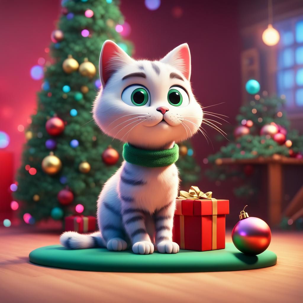 Cute Cat and Christmas Tree in Pixar Style