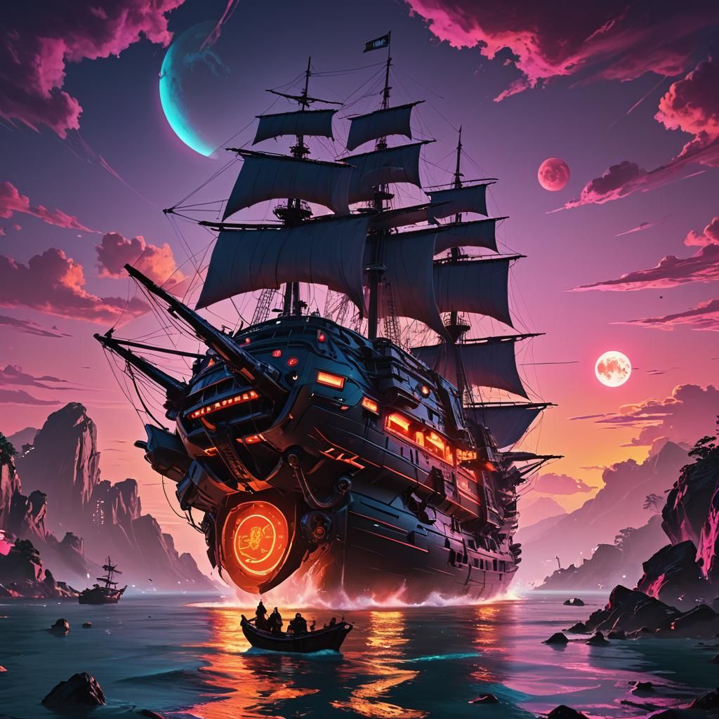 Cyberpunk Pirate Ship Sailing Through Japanese Sea