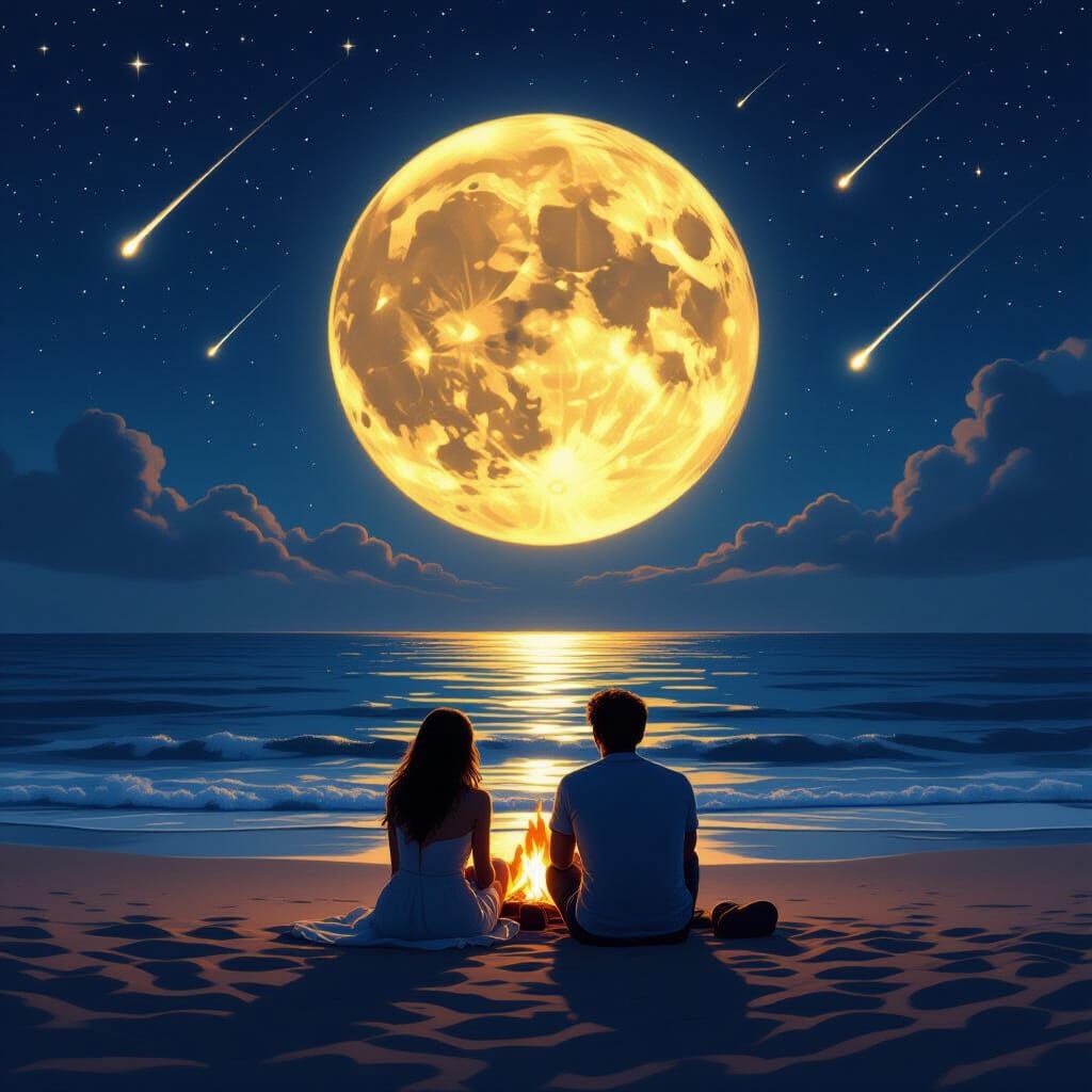 Couple Watches Moonlit Sea Under Shooting Stars