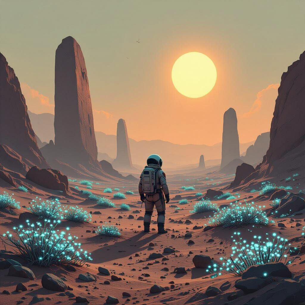 Astronaut's Mars Oasis: Bioluminescent Flora and Ancient Mon...