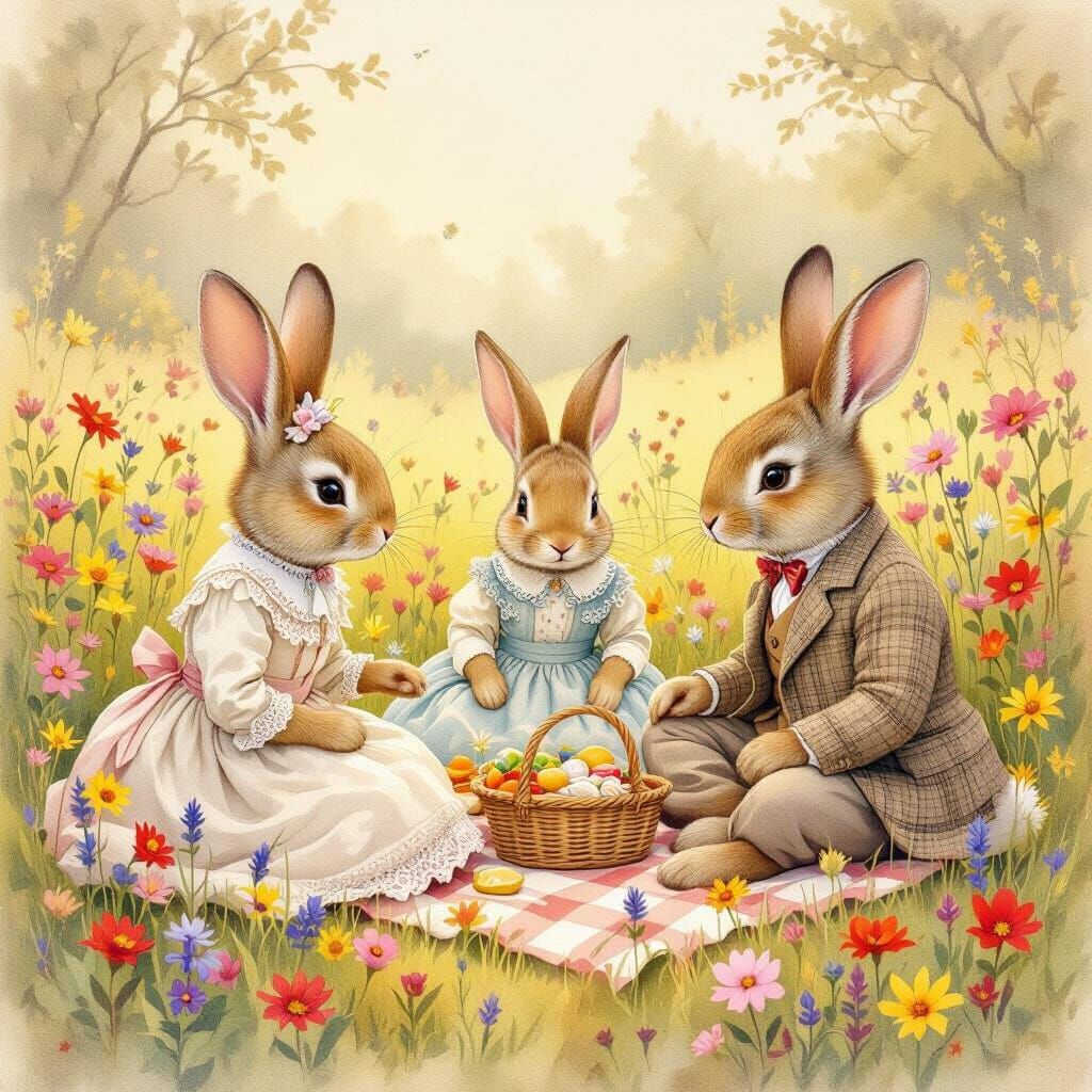 Rabbits' Picnic in Style of Beatrix Potter