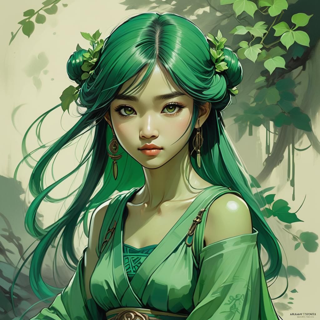 Monochromatic Portrait of Asian Girl in Green Tones