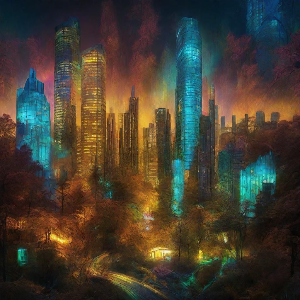 Bioluminescent Cityscape in Surrealist Style