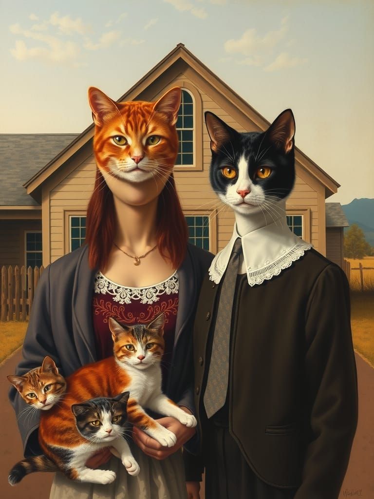 Midwestern Feline Folk in Regionalist Style