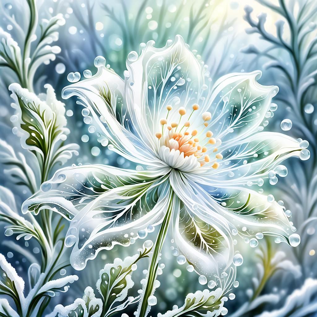 Icy White Flower: Macro Watercolor Digital Art