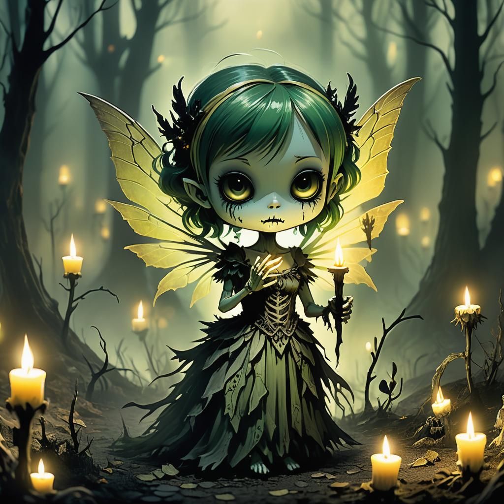 Eerie Chibi Fairy in Candlelit Dark Fantasy Illustration