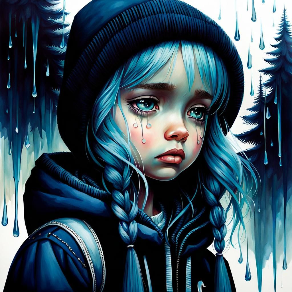 Sad Girl Crying Tears in Pop Surrealism Style