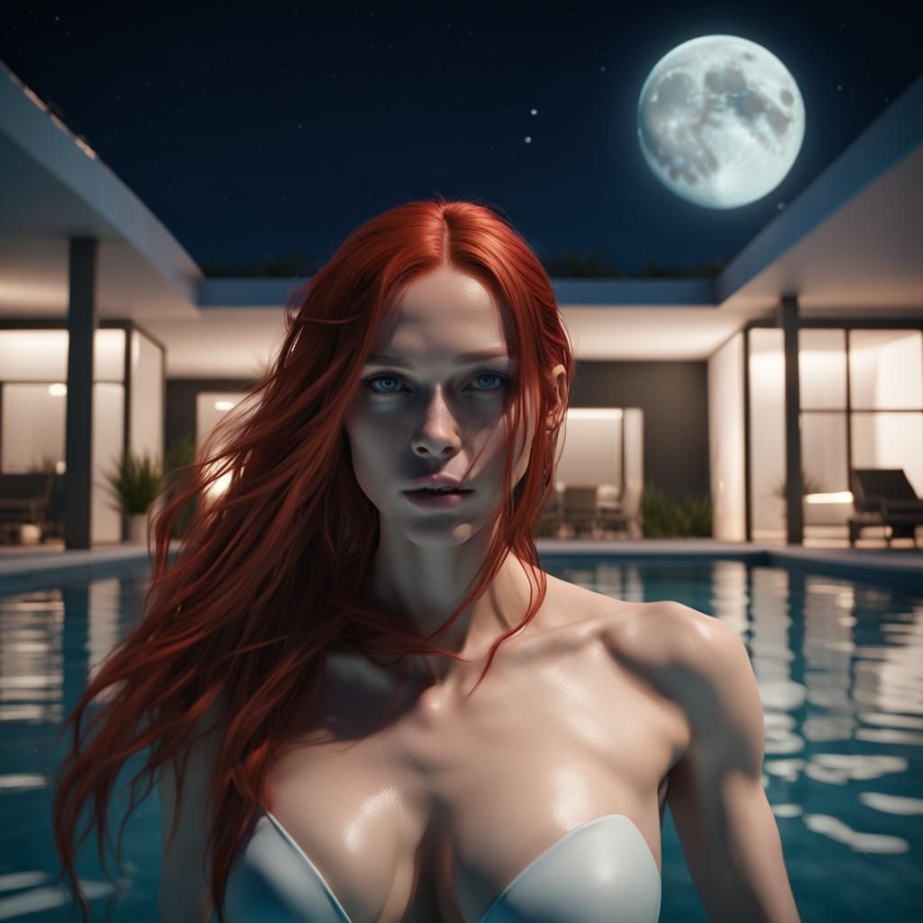 Futuristic Woman with Red Hair at Night