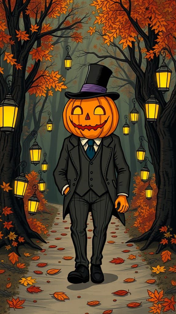 Vintage Autumnal Gentleman Strolls Through Whimsical Forest