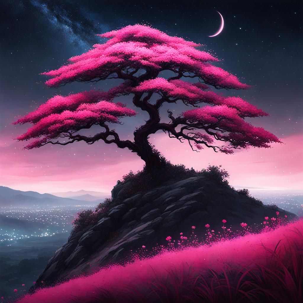 Mystical Tree with Pink Flowers at Night