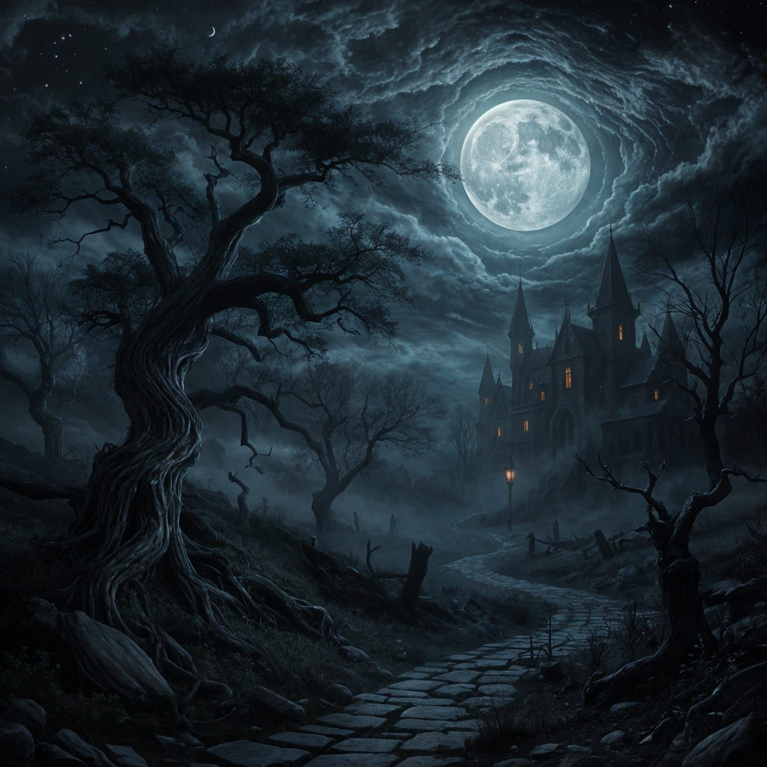 Spooky Moonlit Village With Abandoned Mansion