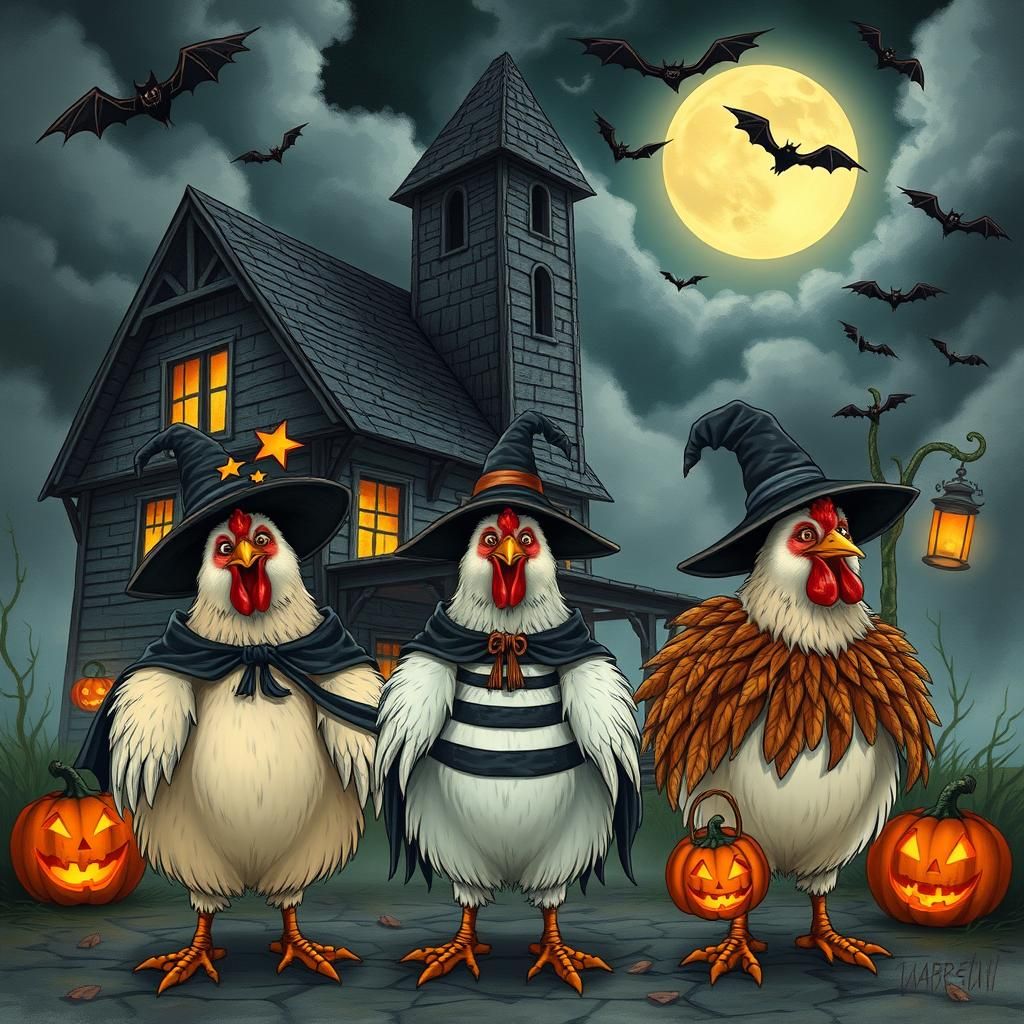 Whimsical Witch Chickens in Haunted Farmhouse Scene